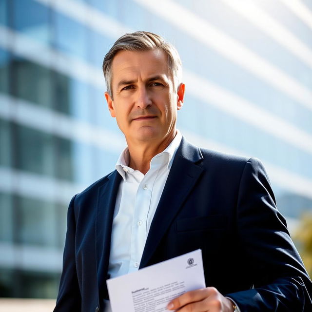 A focused portrait of a mature man standing confidently outdoors, holding a document in his right hand