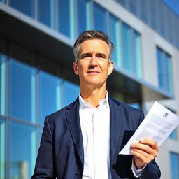 A focused portrait of a mature man standing confidently outdoors, holding a document in his right hand