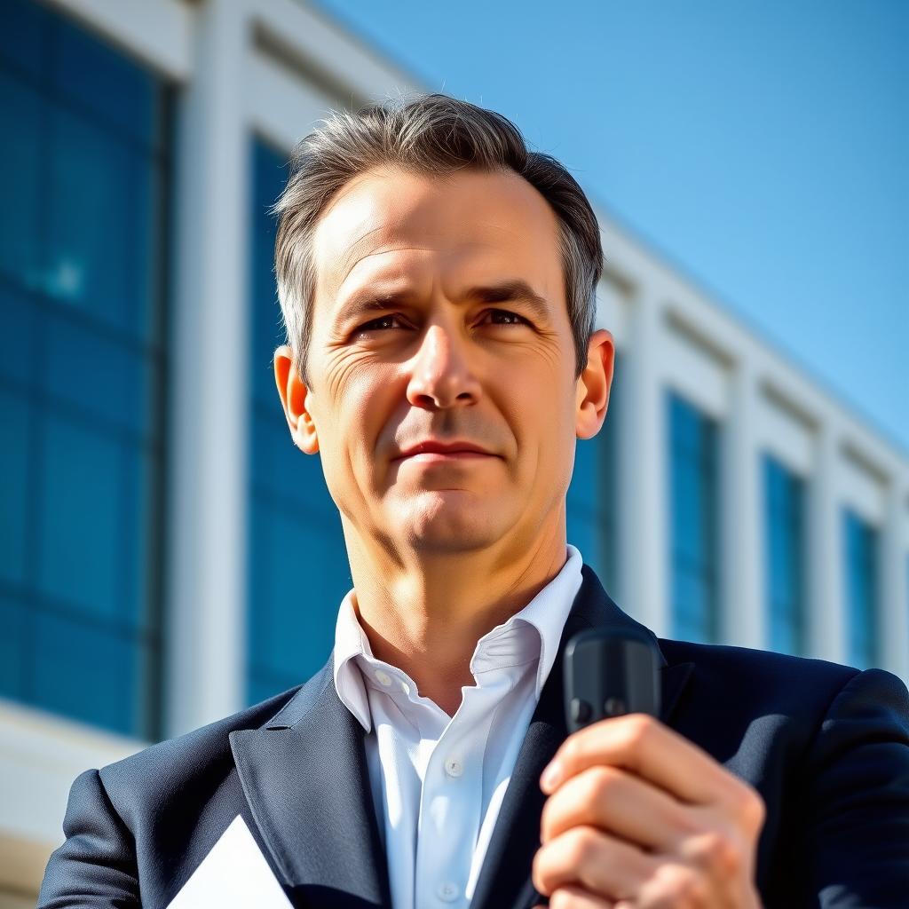 A focused portrait of a mature man standing confidently outdoors, holding a document in his right hand