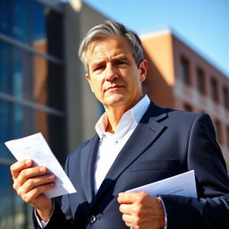A focused portrait of a mature man standing confidently outdoors, holding a document in his right hand