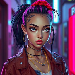 A stylish girl with her hair tied back with a bright red scrunchie, interwoven with pink neon lines that shimmer