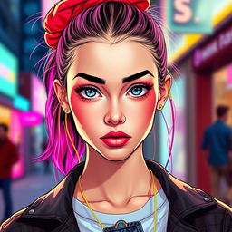 A stylish girl with her hair tied back with a bright red scrunchie, interwoven with pink neon lines that shimmer