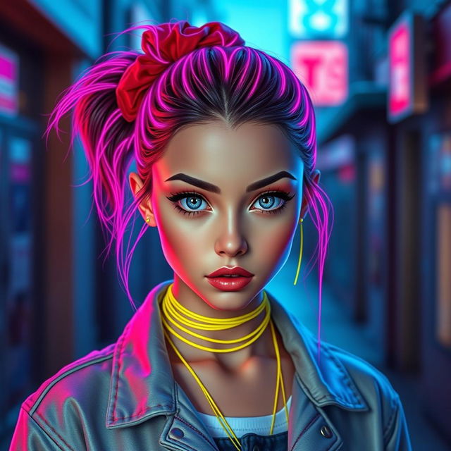 A stylish girl with her hair tied back with a bright red scrunchie, interwoven with pink neon lines that shimmer