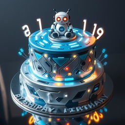 A futuristic birthday cake designed in an artificial intelligence theme