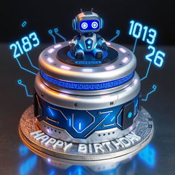 A futuristic birthday cake designed in an artificial intelligence theme