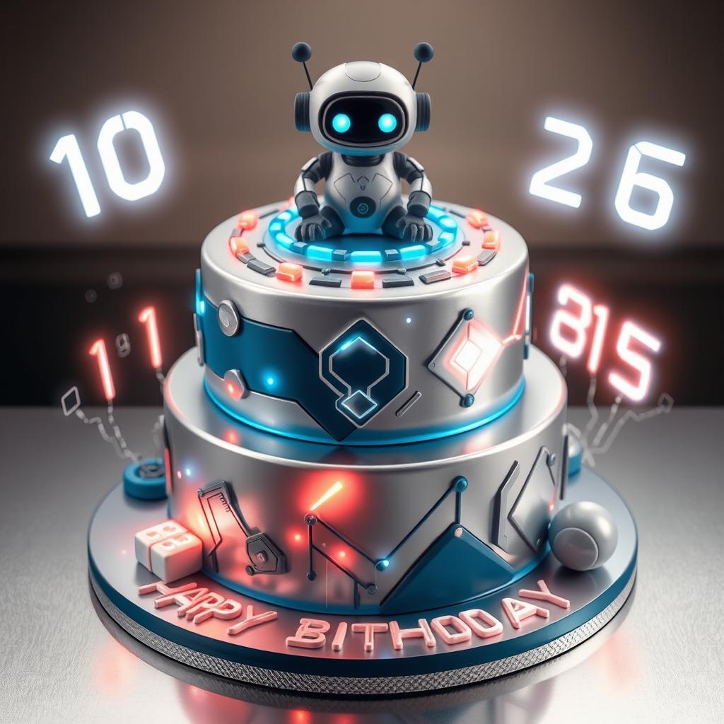 A futuristic birthday cake designed in an artificial intelligence theme