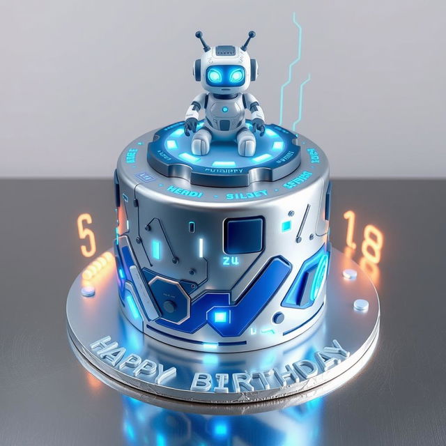 A futuristic birthday cake designed in an artificial intelligence theme