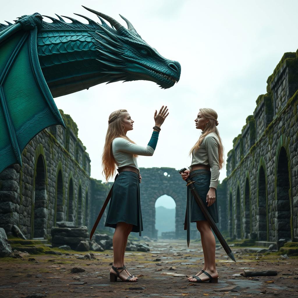 A stunning scene in a world of Ice and Fire, set in the eastern continent of Essos, showcasing the ancient, moss-covered ruins of Ny Sar in the background