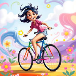 A dynamic illustration of Valentina Ortiz, a character from the animated movie Inside Out 2, riding a vibrant and colorful bicycle