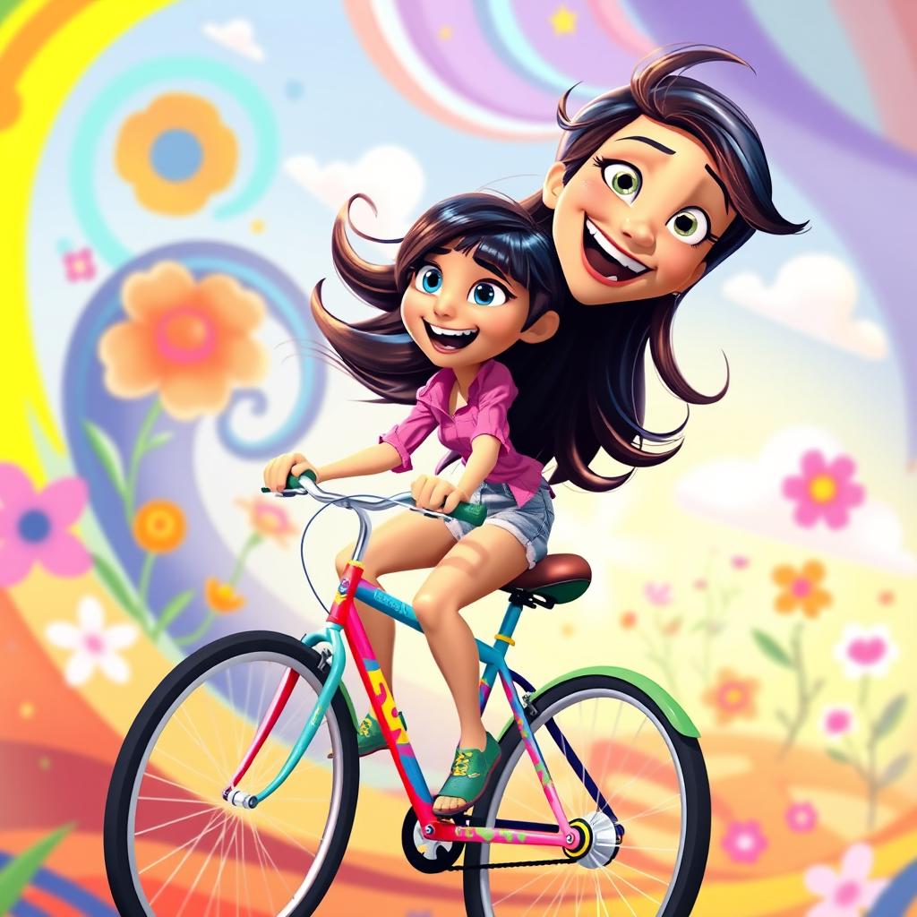 A dynamic illustration of Valentina Ortiz, a character from the animated movie Inside Out 2, riding a vibrant and colorful bicycle