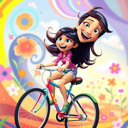 A dynamic illustration of Valentina Ortiz, a character from the animated movie Inside Out 2, riding a vibrant and colorful bicycle