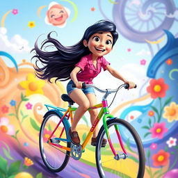 A dynamic illustration of Valentina Ortiz, a character from the animated movie Inside Out 2, riding a vibrant and colorful bicycle