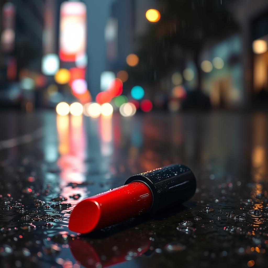 A vibrant red lipstick lying on a slick pavement after a rain shower, with glistening droplets of water reflecting the surrounding city lights