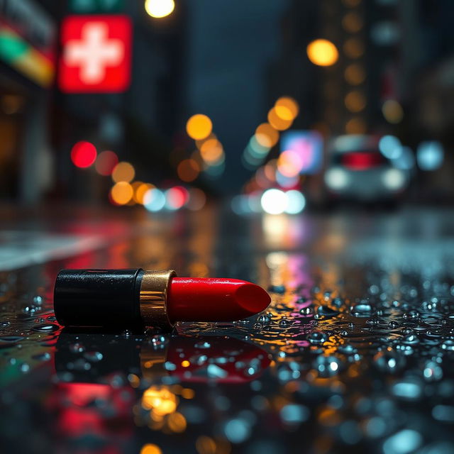 A vibrant red lipstick lying on a slick pavement after a rain shower, with glistening droplets of water reflecting the surrounding city lights