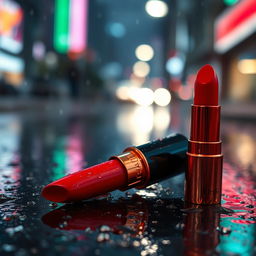 A vibrant red lipstick lying on a slick pavement after a rain shower, with glistening droplets of water reflecting the surrounding city lights