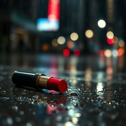 A vibrant red lipstick lying on a slick pavement after a rain shower, with glistening droplets of water reflecting the surrounding city lights