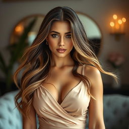 A beautiful woman with long, flowing hair, wearing an elegant dress that highlights her figure