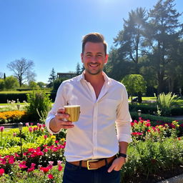 A man standing casually in an outdoor setting, holding a steaming cup of tea in his hand