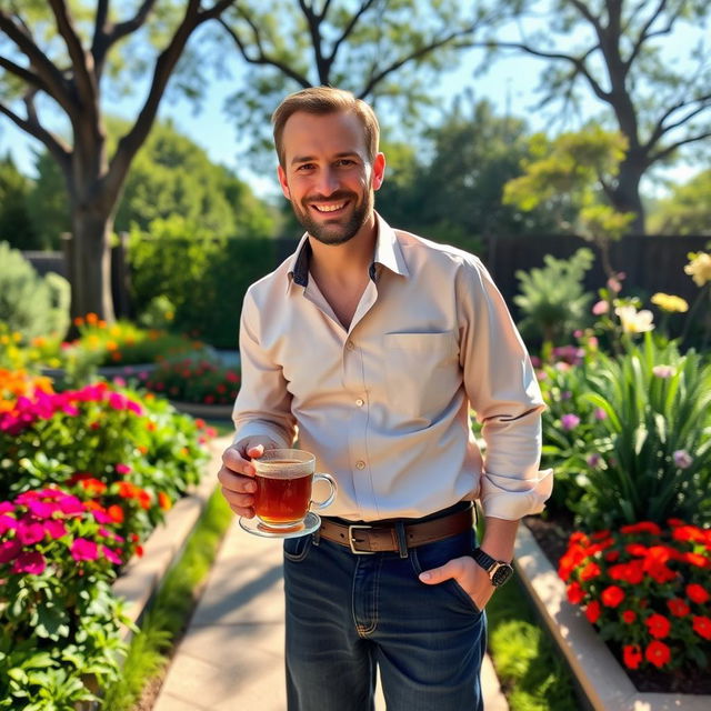 A man standing casually in an outdoor setting, holding a steaming cup of tea in his hand