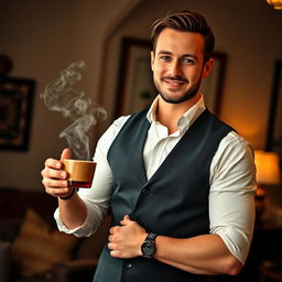 A man standing confidently with a steaming cup of tea in his hand, dressed in a stylish, fitted vest that highlights his physique