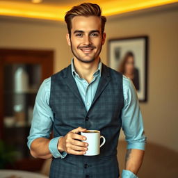 A man standing confidently with a steaming cup of tea in his hand, dressed in a stylish, fitted vest that highlights his physique