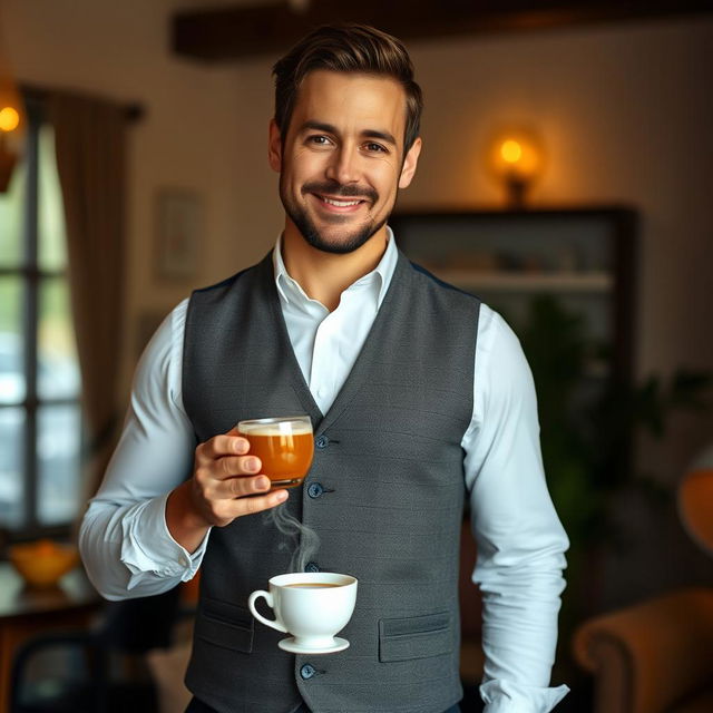 A man standing confidently with a steaming cup of tea in his hand, dressed in a stylish, fitted vest that highlights his physique