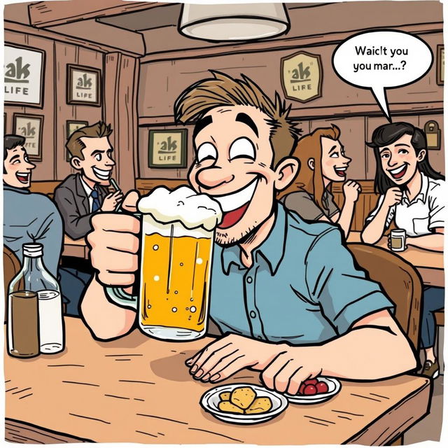 A humorous comic sketch featuring a man sitting at a table, joyfully drinking from a large mug of beer