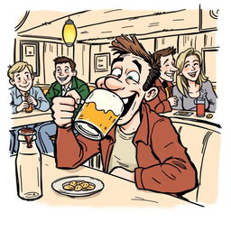 A humorous comic sketch featuring a man sitting at a table, joyfully drinking from a large mug of beer