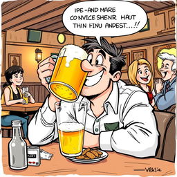 A humorous comic sketch featuring a man sitting at a table, joyfully drinking from a large mug of beer