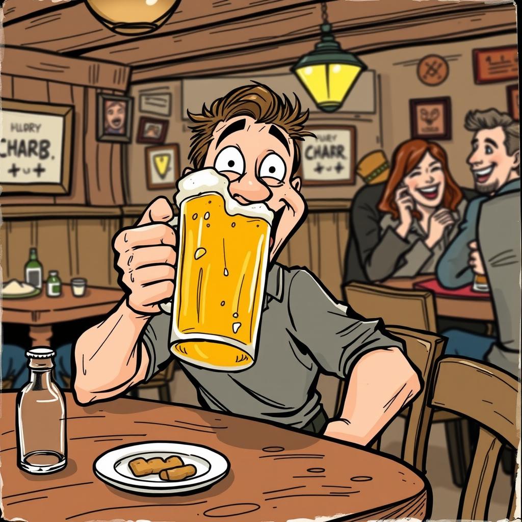 A humorous comic sketch featuring a man sitting at a table, joyfully drinking from a large mug of beer