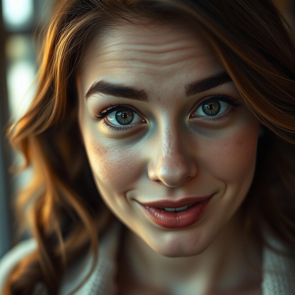 A close-up portrait of a beautiful woman with large, captivating eyes and a playful, mischievous expression