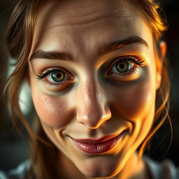 A close-up portrait of a beautiful woman with large, captivating eyes and a playful, mischievous expression