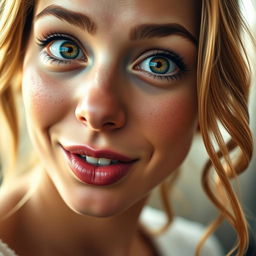 A close-up portrait of a beautiful woman with large, captivating eyes and a playful, mischievous expression