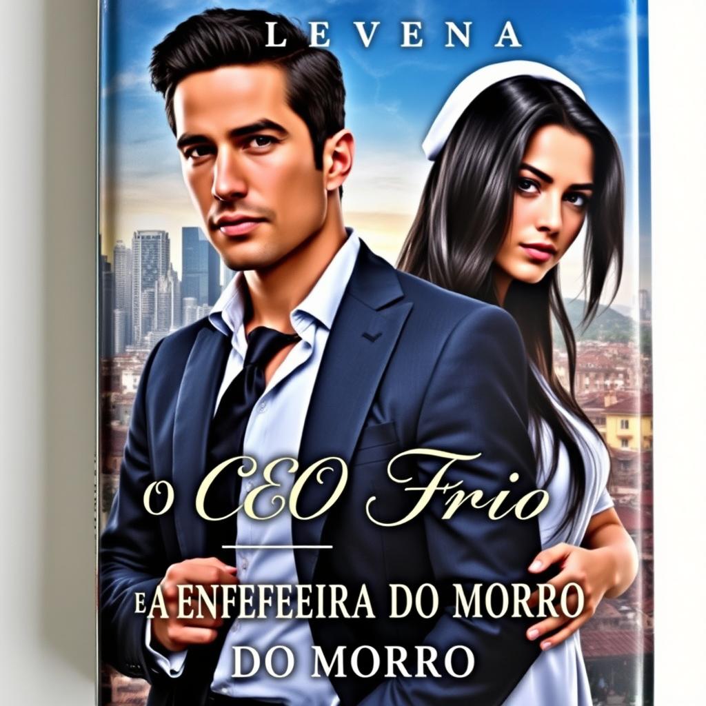 A captivating romance novel cover featuring a handsome CEO with a charismatic presence and a beautiful, young nurse with long black hair