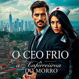 A captivating romance novel cover featuring a handsome CEO with a charismatic presence and a beautiful, young nurse with long black hair