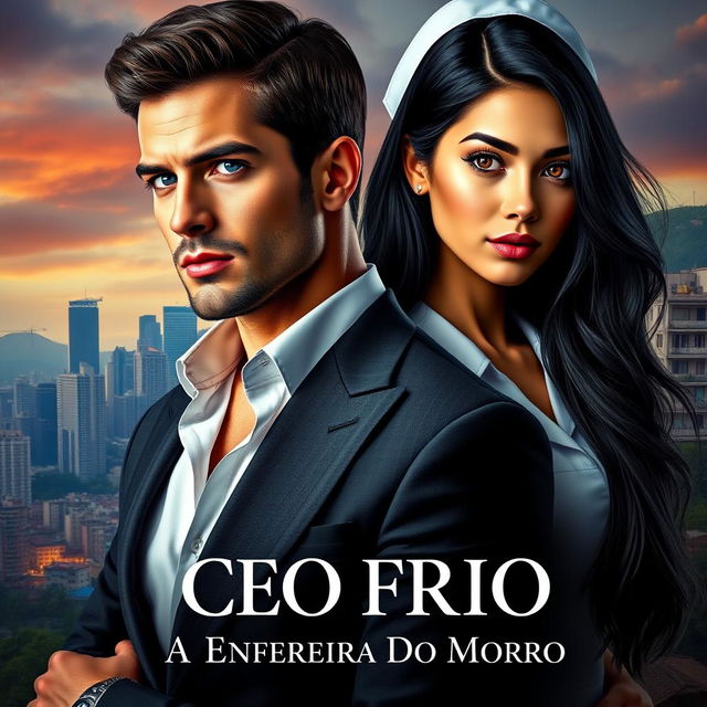 A captivating romance novel cover featuring a handsome CEO with a charismatic presence and a beautiful, young nurse with long black hair