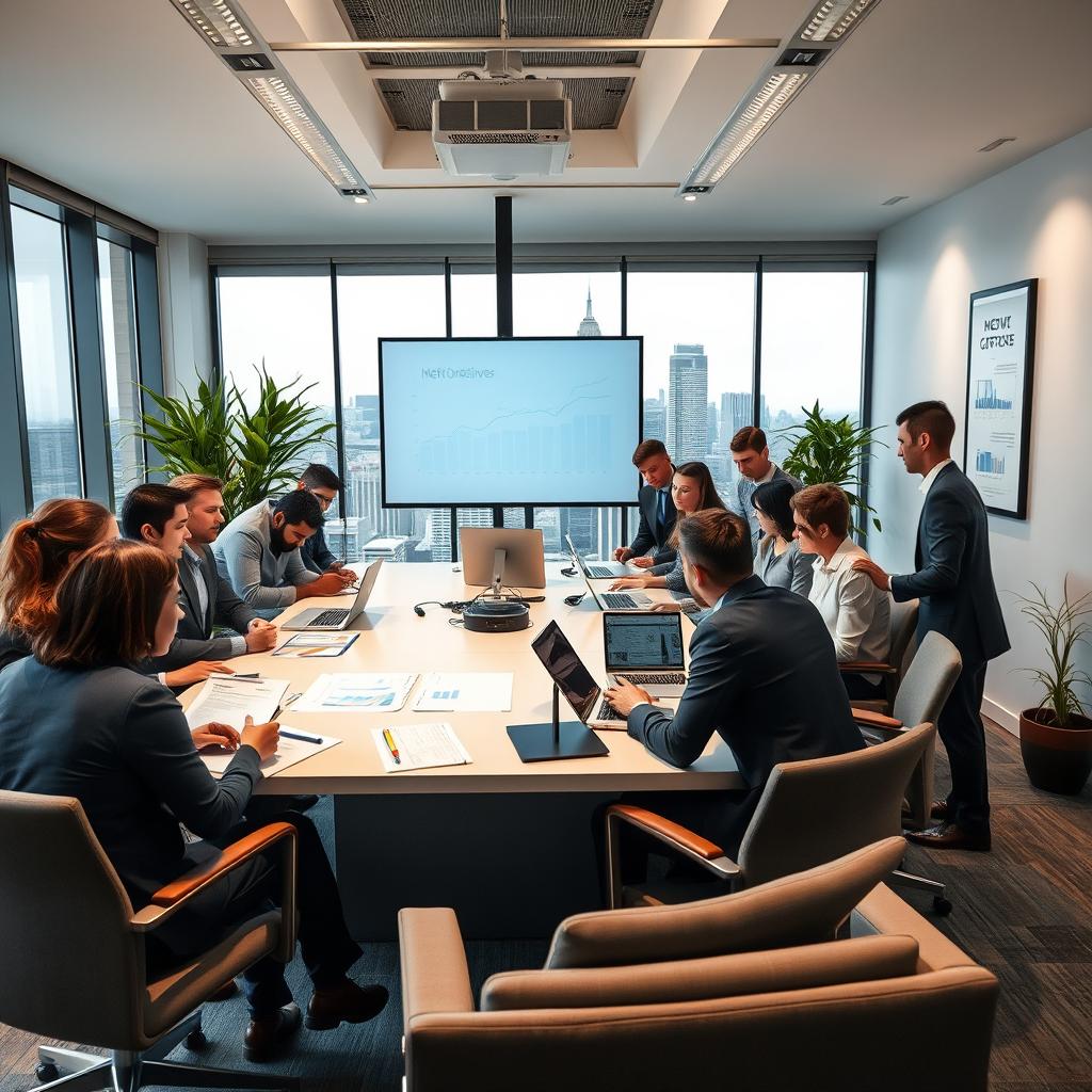 A professional and sophisticated office environment with sleek modern furniture and large windows overlooking a city skyline