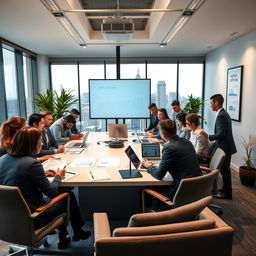 A professional and sophisticated office environment with sleek modern furniture and large windows overlooking a city skyline