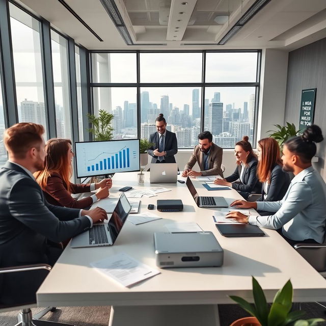 A professional and sophisticated office environment with sleek modern furniture and large windows overlooking a city skyline