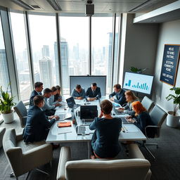 A professional and sophisticated office environment with sleek modern furniture and large windows overlooking a city skyline
