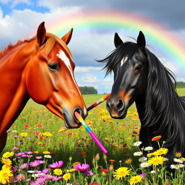 A whimsical scene with two beautiful horses engaging in a playful makeup session