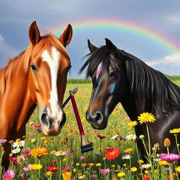 A whimsical scene with two beautiful horses engaging in a playful makeup session