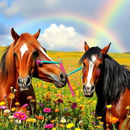 A whimsical scene with two beautiful horses engaging in a playful makeup session