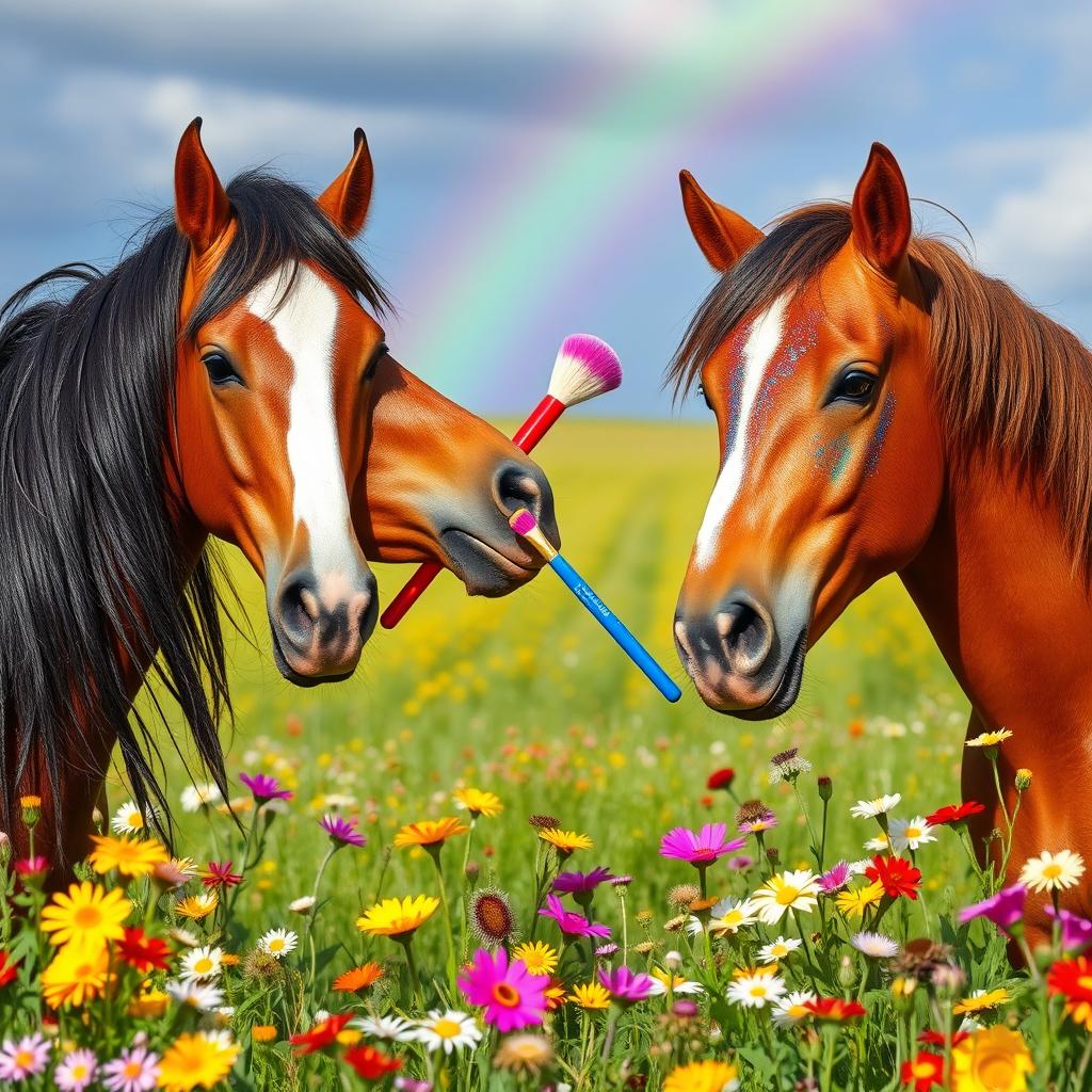 A whimsical scene with two beautiful horses engaging in a playful makeup session