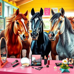 A whimsical scene featuring several horses playfully applying makeup in a vibrant, colorful setting