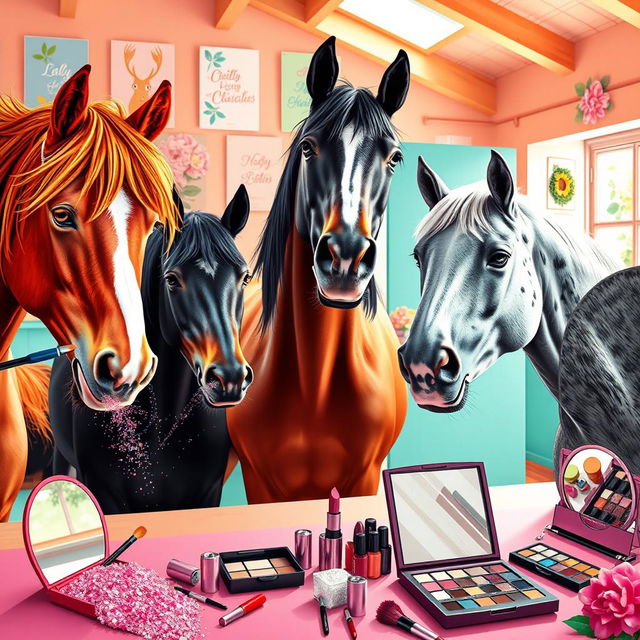 A whimsical scene featuring several horses playfully applying makeup in a vibrant, colorful setting