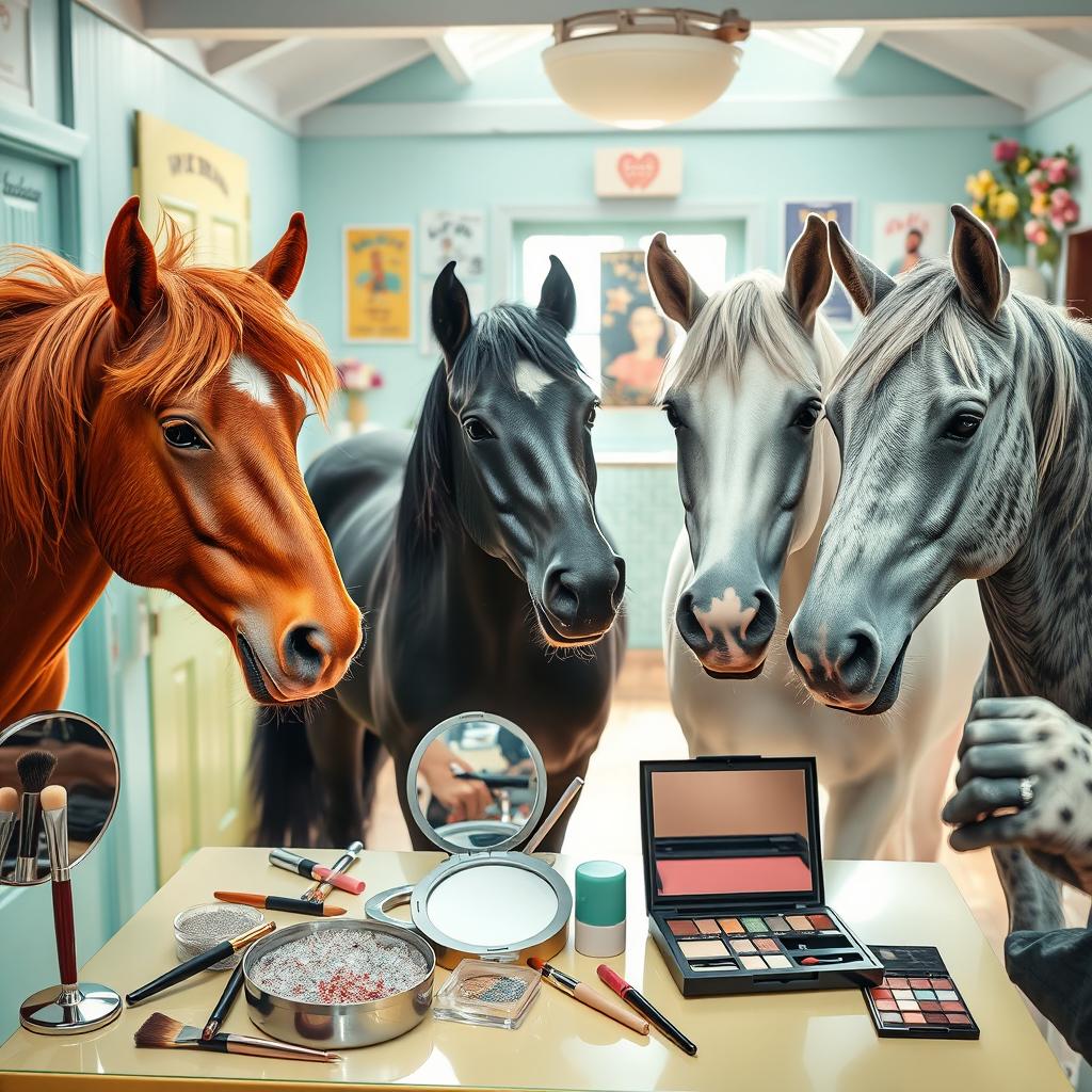 A whimsical scene featuring several horses playfully applying makeup in a vibrant, colorful setting