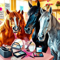 A whimsical scene featuring several horses playfully applying makeup in a vibrant, colorful setting
