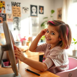 A cute girl sitting at a desk, focused on editing her hair in a mirror