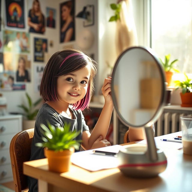 A cute girl sitting at a desk, focused on editing her hair in a mirror